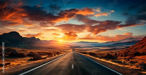 Asphalt road stretching into the distance, mountain sunset - AI generated image