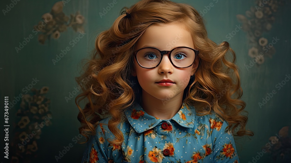 a cute little girl with glasses on a light background, her innocence and charm as she gazes into the camera with a bright smile.
