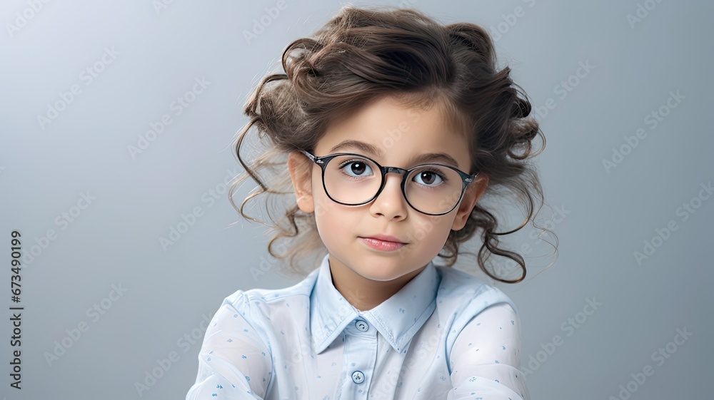 a cute little girl with glasses on a light background, her innocence and charm as she gazes into the camera with a bright smile.