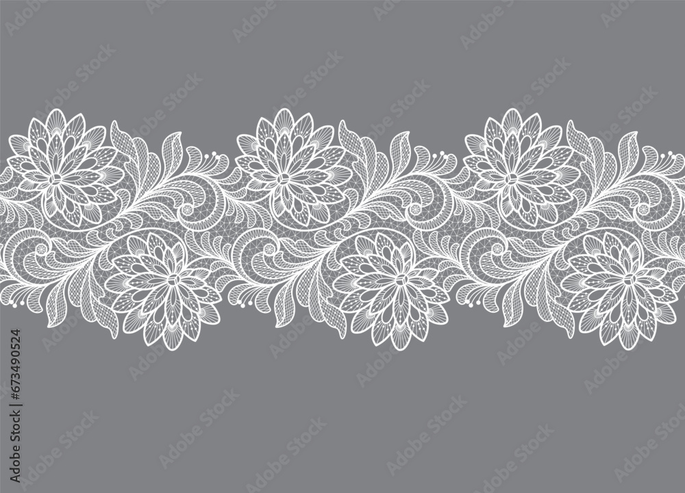 Seamless floral background with white lace leaves and flowers.Vector white lace branches with flowers - obrazy, fototapety, plakaty 