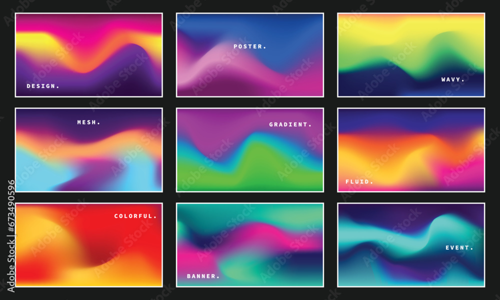 Colorful and fluid gradient mesh background bundle. Abstract blurred vibrant color gradation backdrop. Liquid and wavy gradient. Suitable for poster, presentation, banner, catalog, or leaflet.