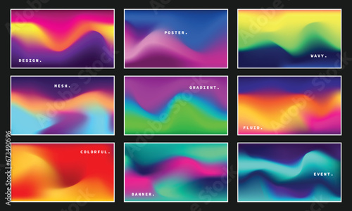 Colorful and fluid gradient mesh background bundle. Abstract blurred vibrant color gradation backdrop. Liquid and wavy gradient. Suitable for poster, presentation, banner, catalog, or leaflet. photo