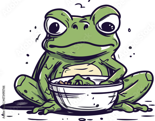 Frog and bowl of salad. Vector illustration in cartoon style.