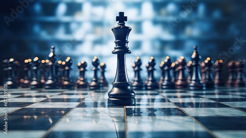 a King engaged in a chess battle, standing on a chessboard against a black isolated background. This image symbolizes a business leader's strategic prowess in conquering the target market.