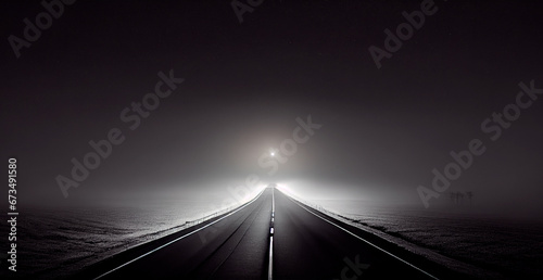 Asphalt road stretching into the distance, night landscape - AI generated image