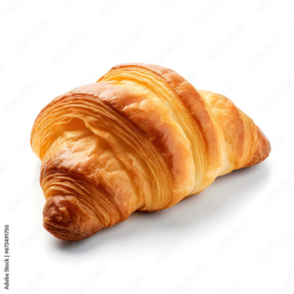 Freshly baked ruddy crispy croissant bun isolated on a white background