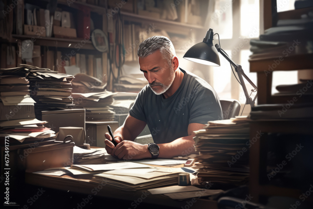 A realistic photograph of a small business owner sitting at their well-organized desk. A realistic photograph of a small business owner sitting at their well-organized desk.
