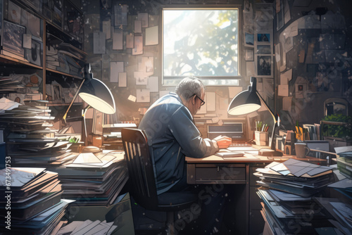A realistic photograph of a small business owner sitting at their well-organized desk.