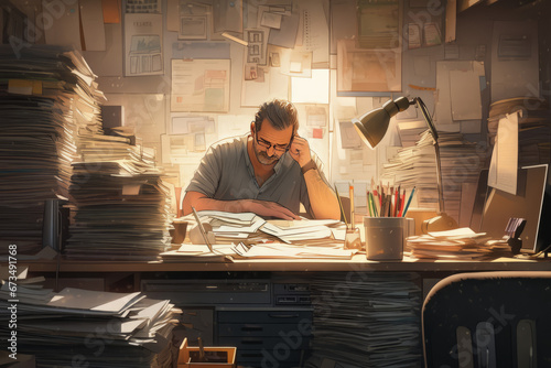 A realistic photograph of a small business owner sitting at their well-organized desk.