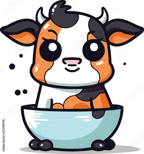 Cute cow in a bowl of milk cartoon character vector illustration.