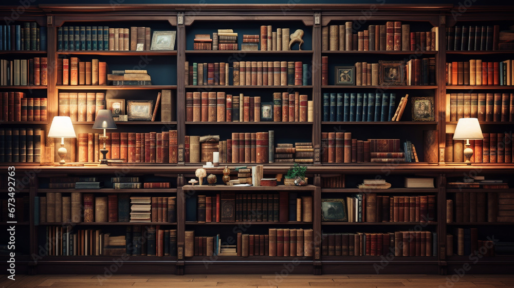 many different books on wooden shelves in library. many different books on wooden shelves in library.