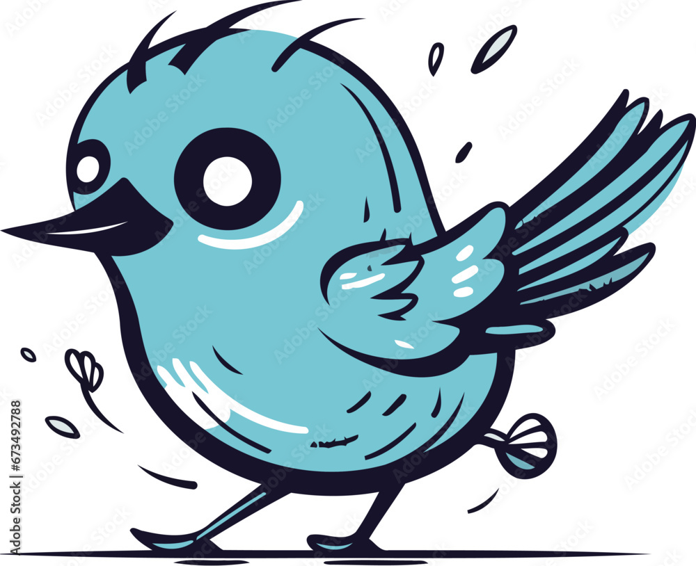 Cute blue bird on white background. Vector illustration in cartoon style.