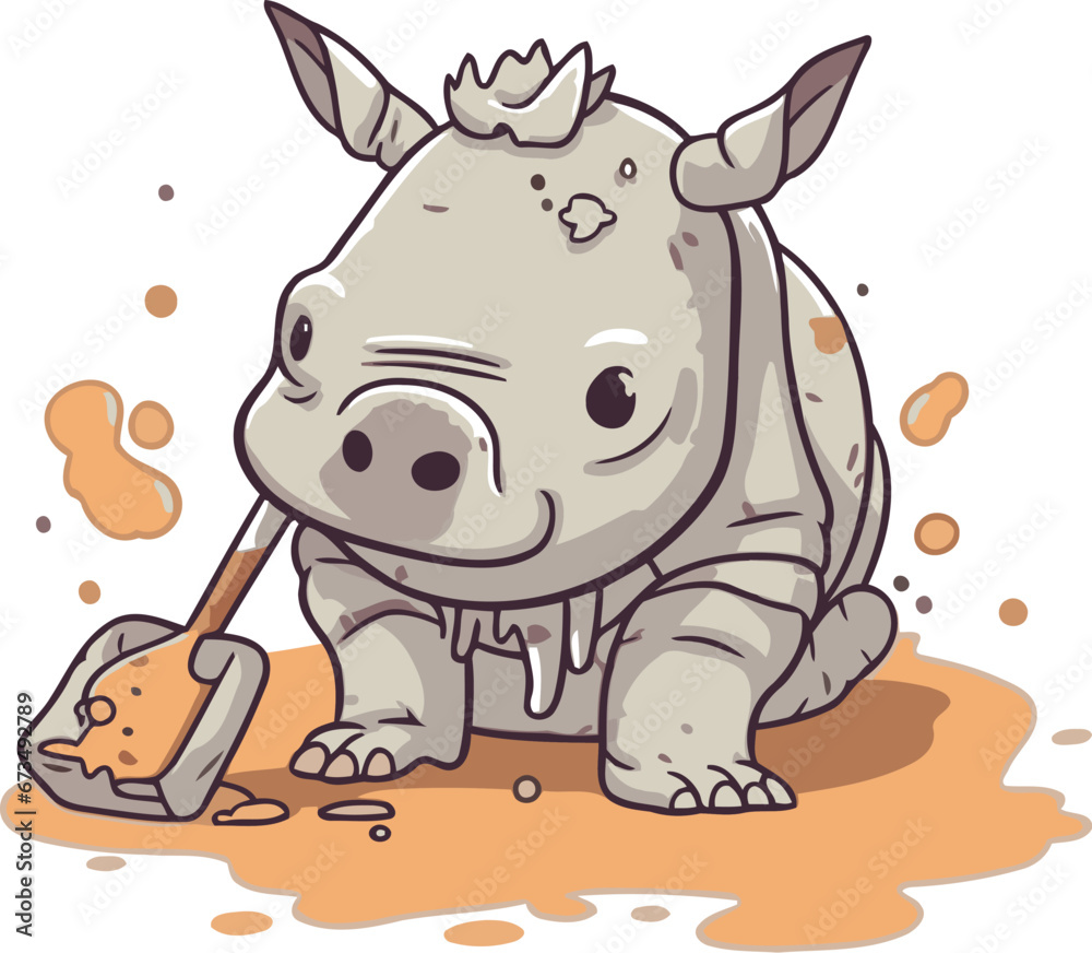 Fototapeta premium Cartoon rhinoceros with a shovel. Vector illustration.