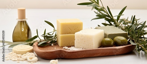 On a beige tile background there is a display containing soap bars olives sponges sea salt and a loofah