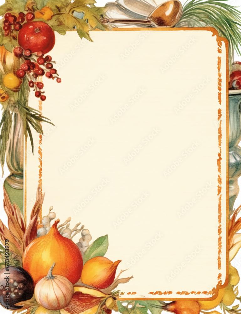 Christmas dinner watercolour vintage blank pages, autumn border and frames cooking recipe card. AI generative