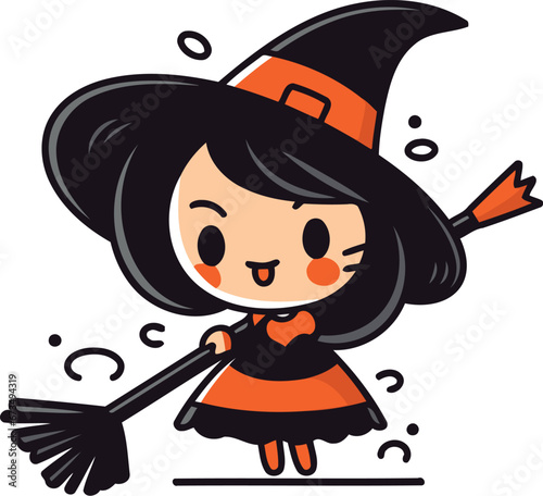 Cute cartoon witch with a broom. Vector illustration on white background.