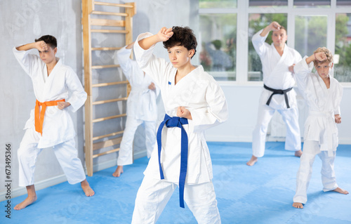 Sedulous underage practitioner of karate courses learning fighting techniques during training session