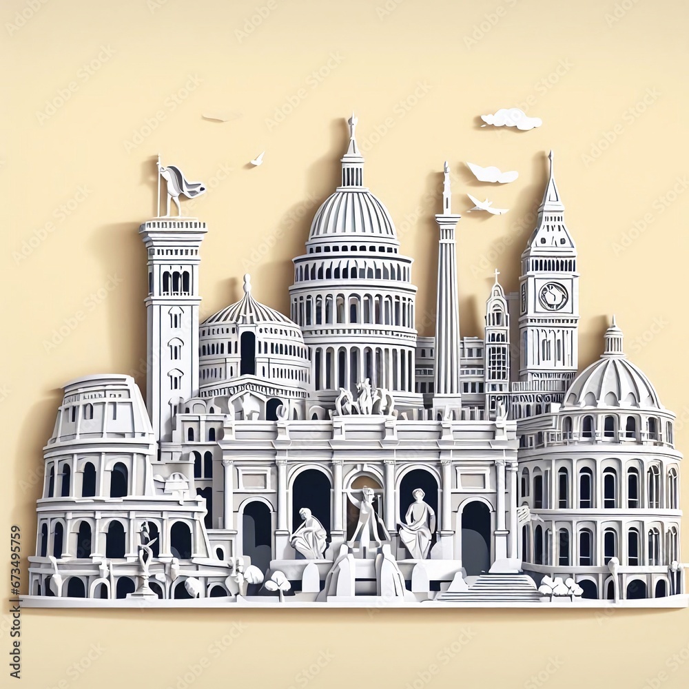 Famous Landmarks Of Rome In Paper Cut Style