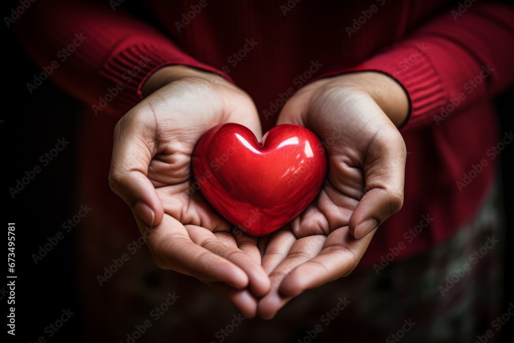 Woman holding red heart in hands. Love, help, social responsibility, donation, charity, volunteering, gratitude, appreciate, giving tuesday, world heart day concept Woman holding red heart in hands. Love, help, social responsibility, donation, charity, volunteering, gratitude, appreciate, giving tuesday, world heart day concept