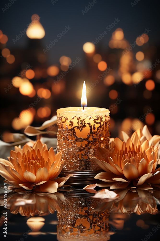 diwali on gold color with light glowing on night background with copy space. AI generative