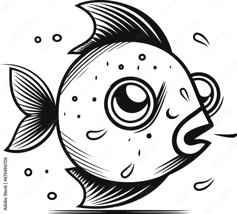 Black and white vector illustration of a cute cartoon fish with big eyes. Black and white vector illustration of a cute cartoon fish with big eyes.