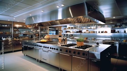 Design of a professional kitchen for a restaurant or cafe. Metal table. Kitchen equipment for catering. Cooking space.