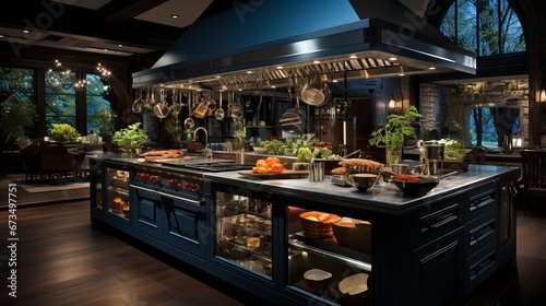 Design of a professional kitchen for a restaurant or cafe. Metal table. Kitchen equipment for catering. Cooking space.