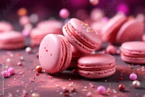 Valentine's Day dessert idea, delicious pink macarons on a platter, sweet romantic gift photo