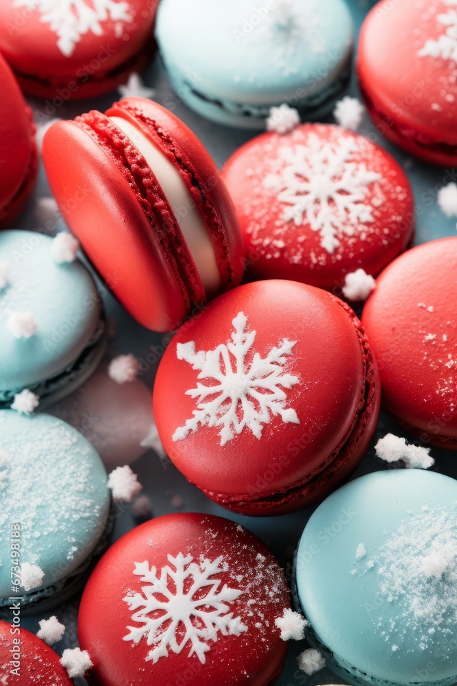 Christmas dessert idea, delicious red and teal macarons on a platter, sweet xmas celebration gift Christmas dessert idea, delicious red and teal macarons on a platter, sweet xmas celebration gift