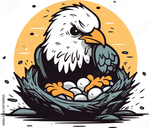 Eagle in nest. Vector illustration of a bird with eggs.