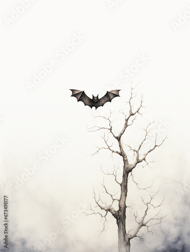 A Minimal Watercolor of a Bat in a Winter Setting