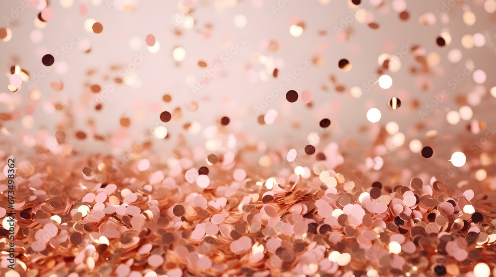 Background of Confetti Sprinkles in Rose Gold Colors. Festive Template for Holidays and Celebrations