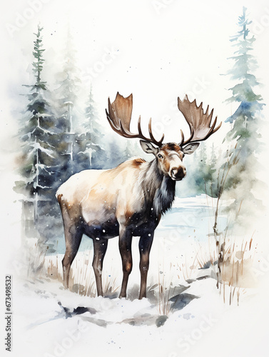 A Minimal Watercolor of a Moose in a Winter Setting © Nathan Hutchcraft