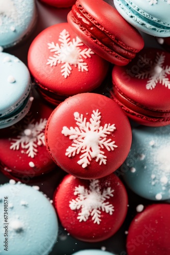 Christmas dessert idea, delicious red and teal macarons on a platter, sweet xmas celebration gift