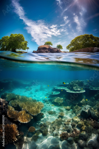 Split view photo of Tropical Island with Coral Reef