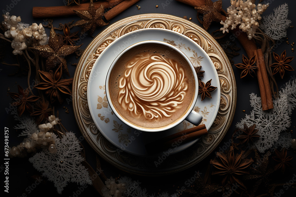 Coffee mug on a white saucer and wooden background with Christmas spices. Generative ai Coffee mug on a white saucer and wooden background with Christmas spices. Generative ai
