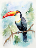 A Minimal Watercolor of a Toucan in a Winter Setting