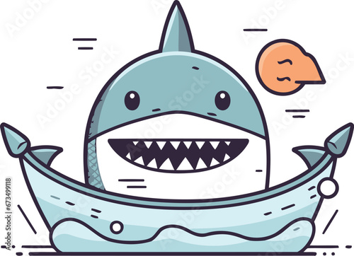 Cute cartoon shark in boat. Vector illustration of a funny shark.