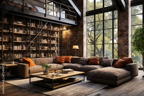 Living room interior in loft, industrial style