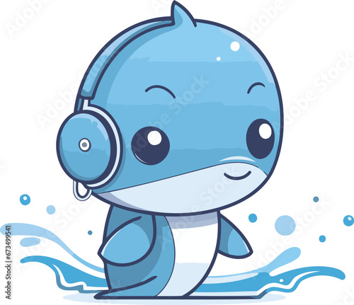 Cute cartoon dolphin with headphones. Vector illustration isolated on white background.