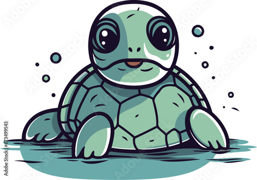 Cute cartoon turtle swimming in the water. Vector illustration isolated on white background.