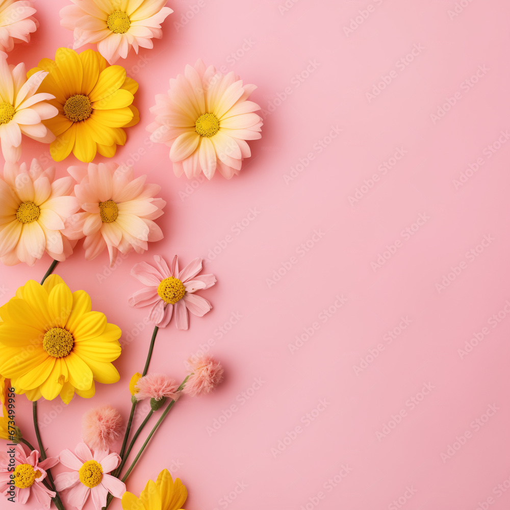 Naklejka premium A pink background with yellow flowers and empty space 