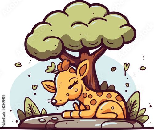 Cute giraffe sleeping under tree. Vector illustration in cartoon style.