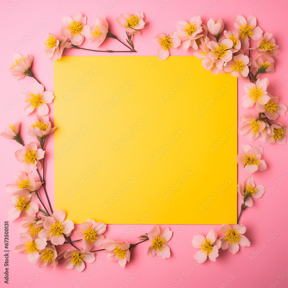 A pink background with yellow flowers and empty space 