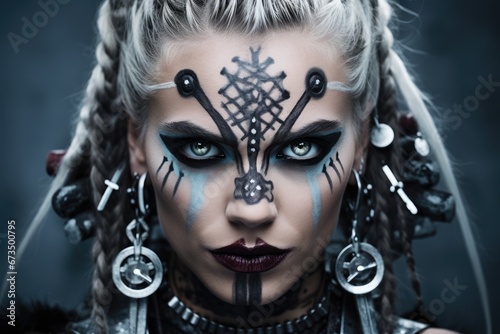 Aggressive beautiful attractive girl Viking warrior, warrior princess, queen of pain, with tattoos on her face, crazy wild fearless northern antique woman