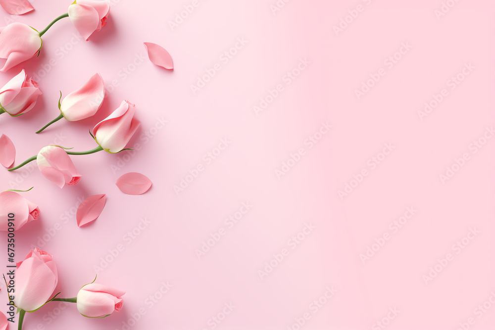 Elegant Pink Card Background with Rose Buds, Pink Petals, and Soft Pink Leaves