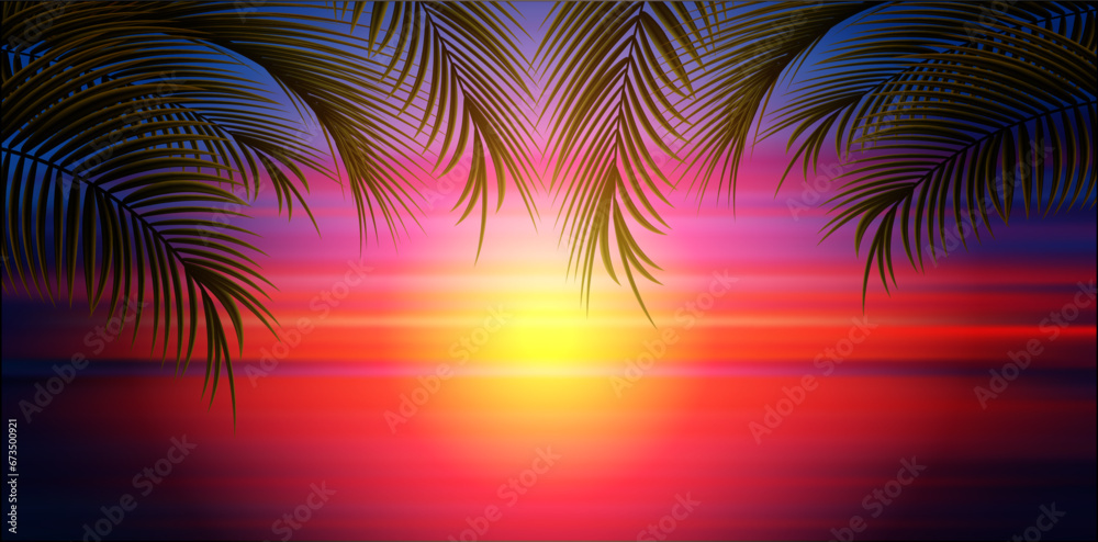 Sunset beach landscape with palm leaves from top. Exotic tropical island nature. Vevtor illustration.