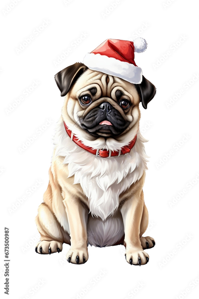 cute pug dog in santa hat on white background cute pug dog in santa hat on white background