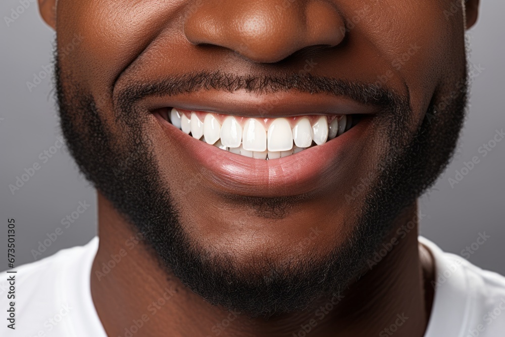 Naklejka premium Confident Smile. Close-up of Black Man with Delicate Beard, Revealing Perfect White Teeth