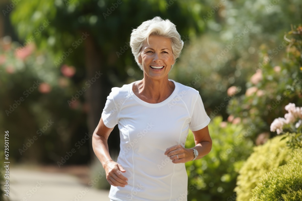 Active Senior Woman Embracing a Refreshing Morning Jog in the Sun-Kissed Outdoors Active Senior Woman Embracing a Refreshing Morning Jog in the Sun-Kissed Outdoors
